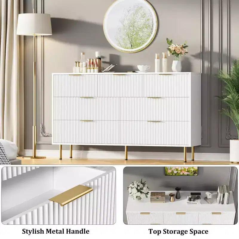 Commode moderne à 7 tiroirs cannelés avec poignées dorées, large commode de rangement en bois pour chambre à coucher, salon, entrée