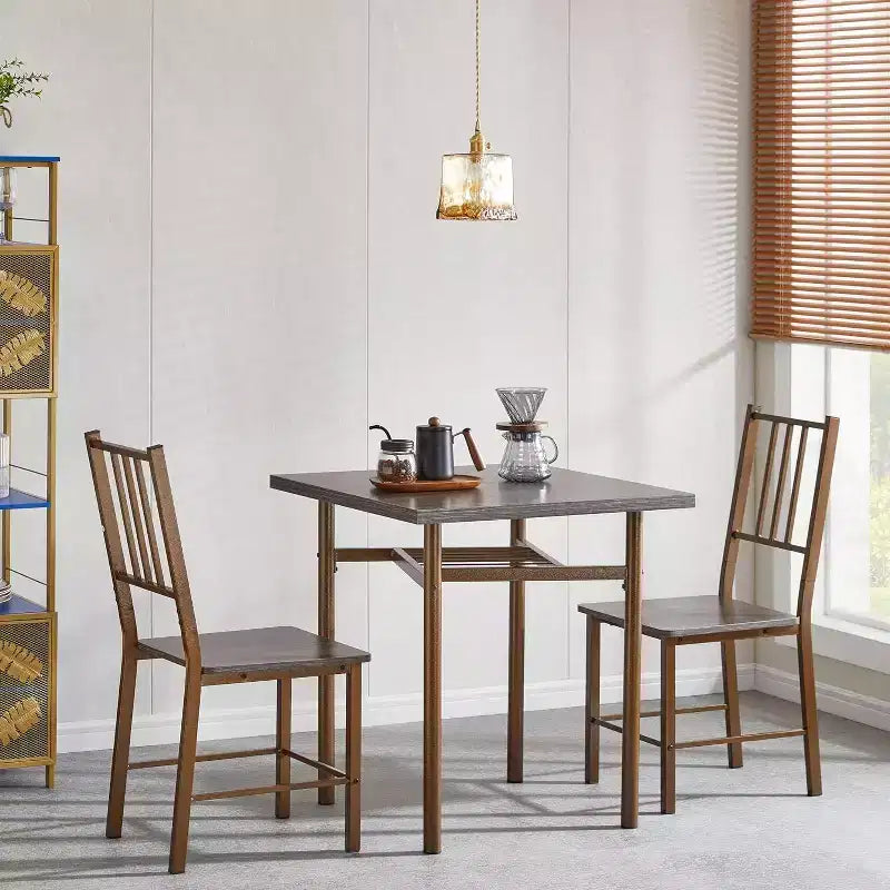 Ensemble de salle à manger 2 pièces, table carrée en bois de 120 cm avec pieds en métal et chaises assorties, table de cuisine marron antique pour petits espaces