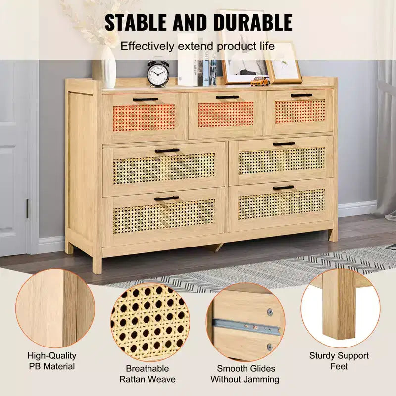 Commode 7 tiroirs en rotin VEVOR, commodes en bois de rotin naturel avec lumière LED, organisateur de vêtements et rangement de poitrine en bois moderne, commode bohème, couleur bois