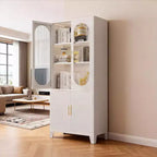 COZONY Armoire de cuisine moderne avec portes en verre cannelé, Armoire de rangement de cuisine de 180 cm, Buffet de rangement en métal pour salle à manger et organisateur de cuisine