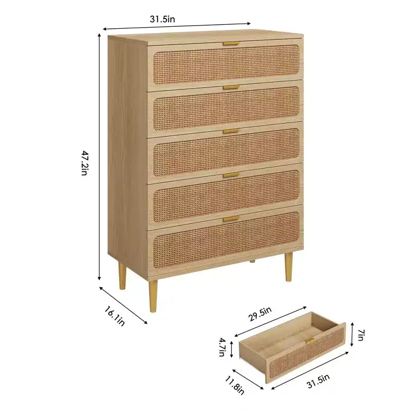 Commode à 5 tiroirs en rotin GustoWave pour chambre à coucher, commode haute avec tiroirs profonds, grande commode pour placard avec plateau large, longue commode en bois