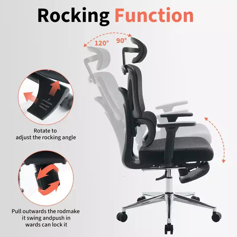 Chaise de bureau ergonomique en maille - Dossier haut, support lombaire réglable, appui-tête et repose-pieds rembourrés, siège large et respirant, chaise de bureau pivotante
