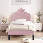 Cadre de lit enfant capitonné VECELO en forme de couronne, lit plateforme en bois avec tête de lit réglable, pas besoin de sommier tapissier