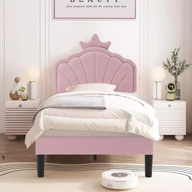 Cadre de lit enfant capitonné VECELO en forme de couronne, lit plateforme en bois avec tête de lit réglable, pas besoin de sommier tapissier