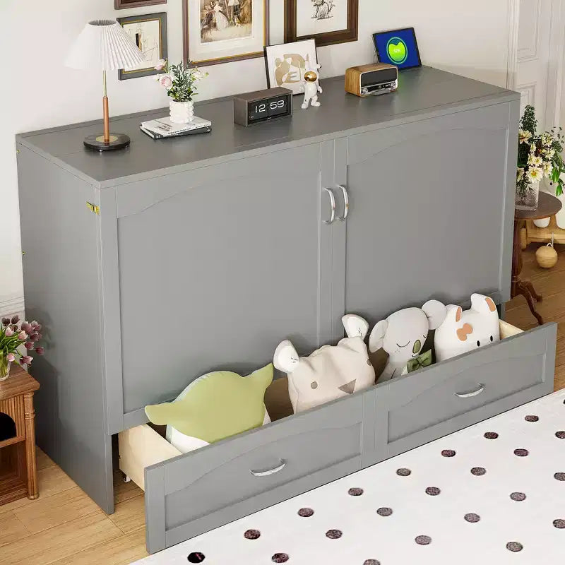 Lit escamotable Queen Size avec tiroirs, lit escamotable en bois avec prises et ports USB, conception de structure à poulie, gris
