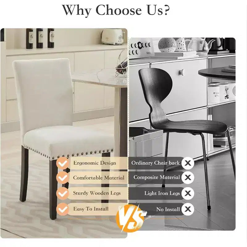 Lot de 2 chaises de salle à manger, chaises rembourrées pour salle à manger, chaises de cuisine en tissu avec pieds en bois cloutés et coussin rembourré, pour salon