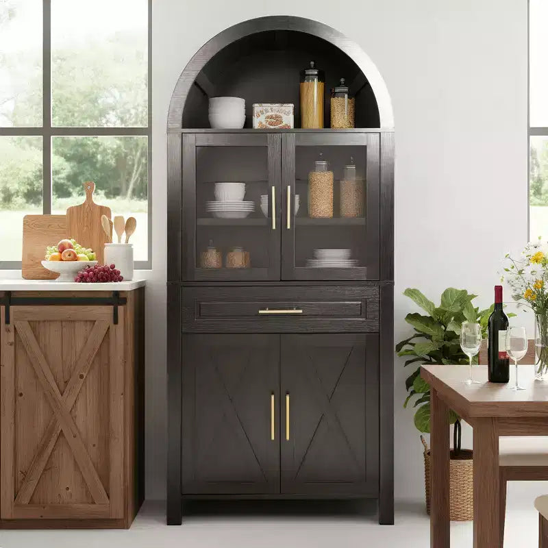 Meuble de Rangement de Cuisine sur Pied de 71 po avec Porte Vitrée, Style Ferme, Étagères Réglables, Design Porte de Grange, pour Cuisine, Salon, Salle à Manger