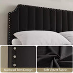 Cadre de lit en velours, tête et pied de lit matelassés à rayures verticales avec rivets, lit plateforme rembourré, lattes en bois robustes