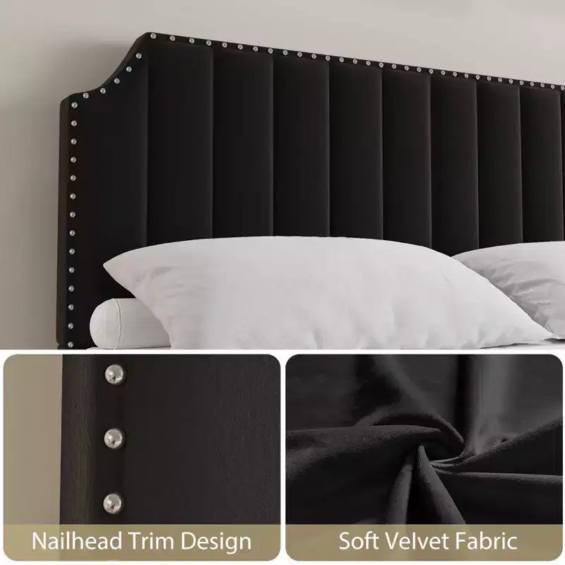 Cadre de lit en velours, tête et pied de lit matelassés à rayures verticales avec rivets, lit plateforme rembourré, lattes en bois robustes
