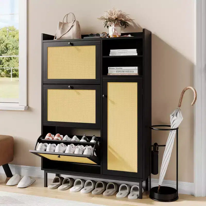 Meuble à chaussures avec 4 tiroirs basculants, meuble de rangement à chaussures dissimulé avec portes en rotin, meuble à chaussures autoportant pour salon, marron