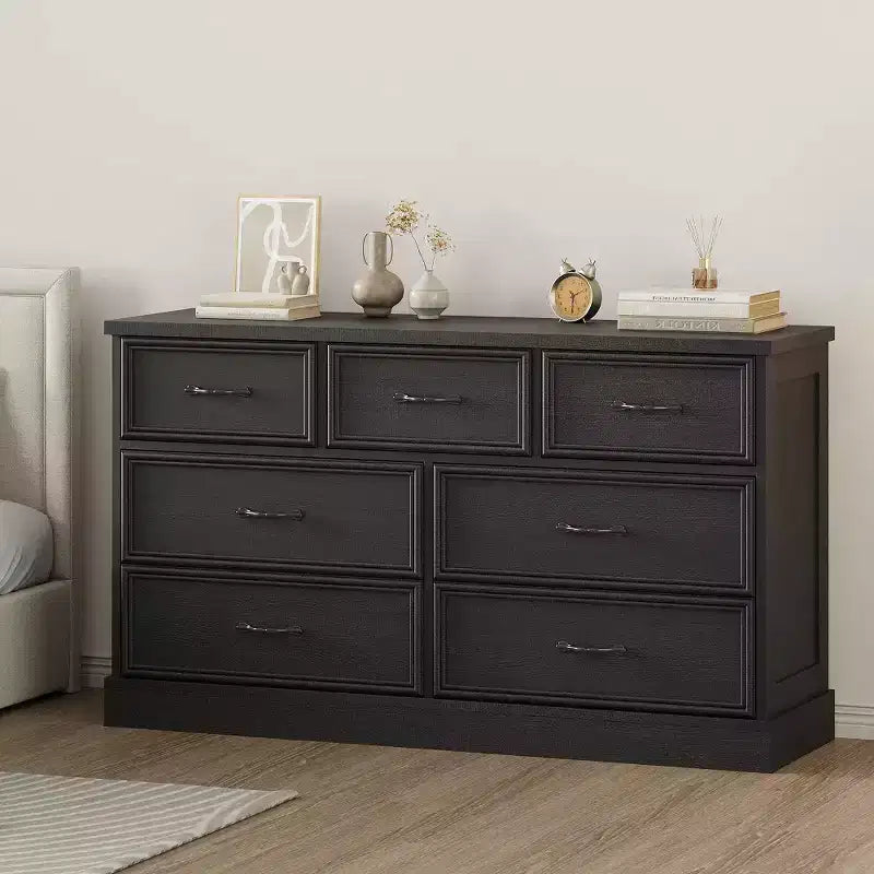 Commode de Ferme à 7 Tiroirs, 140 cm de Large, Rangement à 7 Tiroirs avec Base Robuste, Meuble TV en Bois Blanc pour Chambre, Salon, Chambre d'Enfant