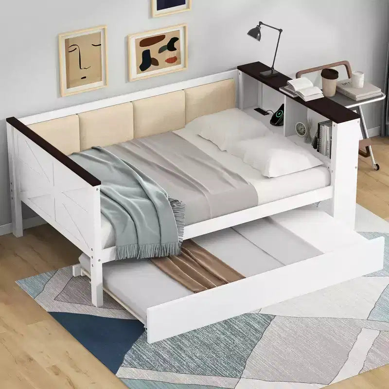 Lit de repos en bois double/complet avec étagères de rangement et lit gigogne, lit de repos avec dossier rembourré et USB