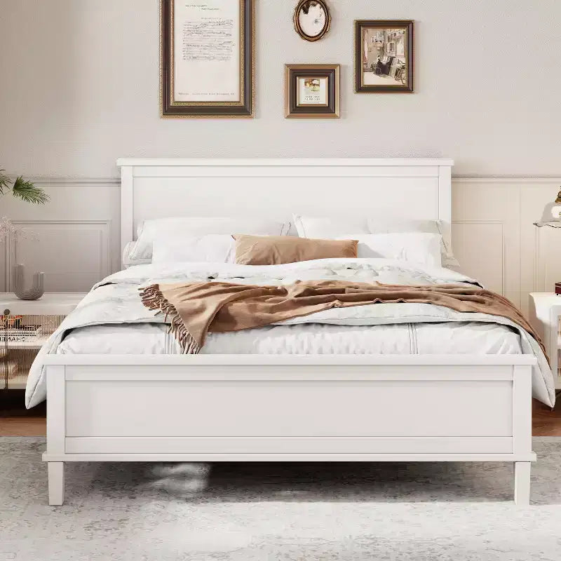 Cadre de lit plateforme pleine/grand lit/très grand lit avec tête de lit et support à lattes en bois, blanc/brun - ModernLuxe