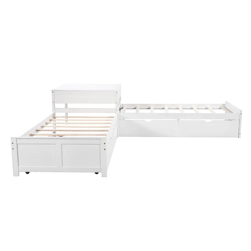 Lit plateforme en L moderne blanc de taille double avec lit gigogne et tiroirs pour chambre à coucher