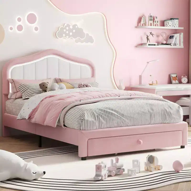 Lit plateforme double capitonné avec tête de lit LED et tiroir de rangement, rose/blanc, lattes en bois, sans sommier, silencieux, montage facile, pour enfants