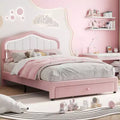 Lit plateforme double capitonné avec tête de lit LED et tiroir de rangement, rose/blanc, lattes en bois, sans sommier, silencieux, montage facile, pour enfants