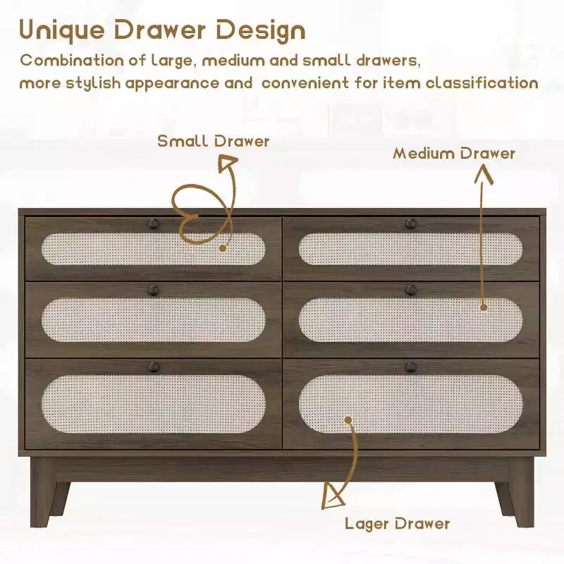 52.1 Commode en rotin avec station de charge, commode en bois à 6 tiroirs pour chambre à coucher avec tiroirs de capacités variées