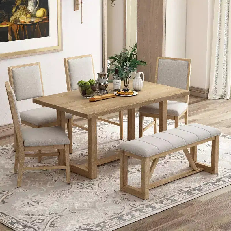 Ensemble de salle à manger GDFStudio Monica 6 pièces avec table en bois de 152 cm et chaises et banc rembourrés
