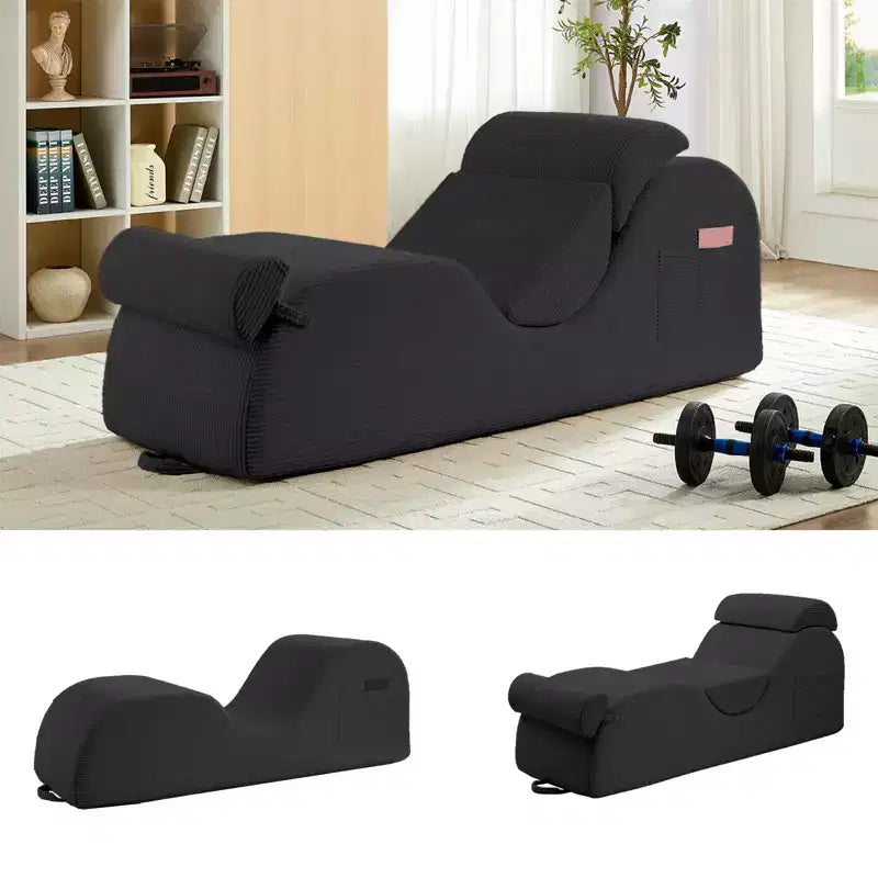 Mjkone Chaise Longue de Yoga en Velours Côtelé, Canapé de Yoga Incurvé avec Appui-Tête/Coussin Lombaire/Repose-Pieds Amovibles, Base Antidérapante