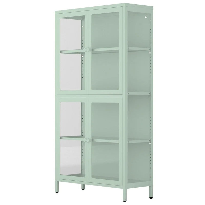 Meuble de rangement à quatre portes vitrées avec étagères et pieds réglables en acier laminé à froid