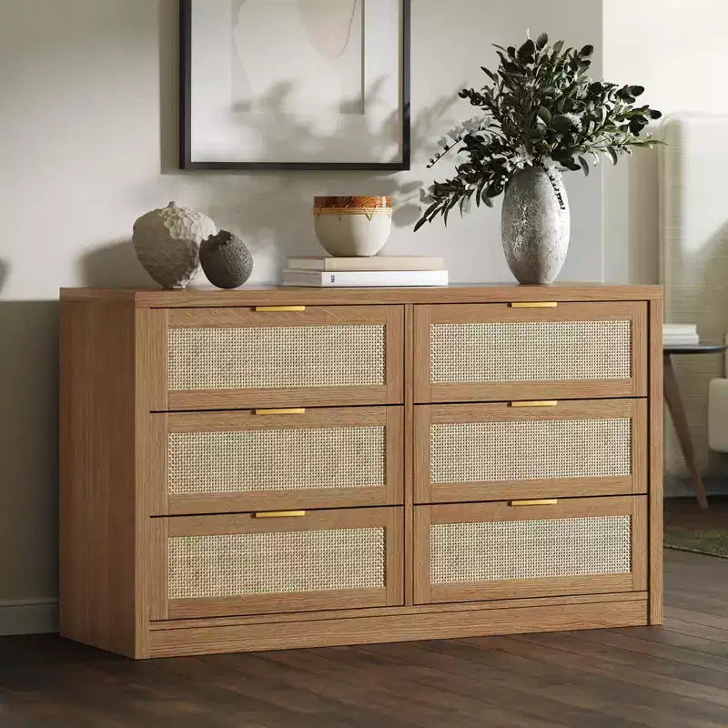 Commode à 6 tiroirs GustoWave pour chambre à coucher, commode en rotin de 133,8 cm de large, en bois avec poignées dorées, meuble TV de style ferme, table d'entrée, chiffonnier