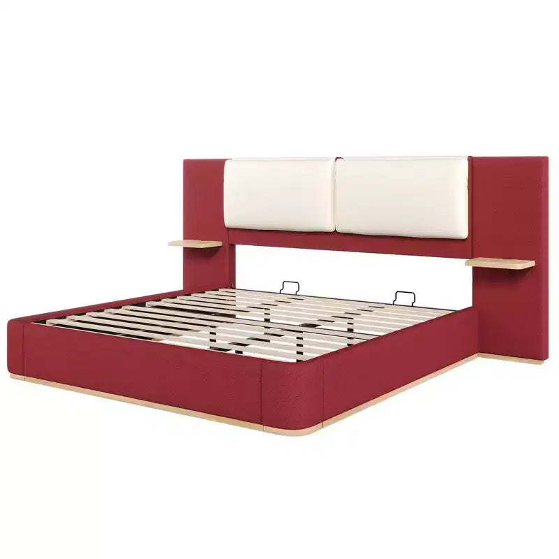 Cadre de lit plateforme capitonné Whisen King Size avec étagères de rangement latérales, tête de lit et panneau en PU doux, anti-collision, assemblage facile
