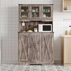 Armoire de cuisine haute de 71 po avec station de recharge, vaisselier de style rustique avec support à micro-ondes et comptoir ouvert pour salon ou salle à manger