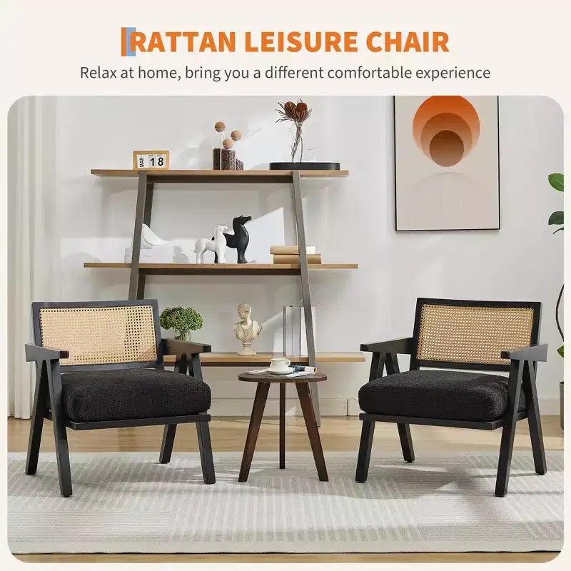 Fauteuil d'appoint de ferme du milieu du siècle - Fauteuil en bois avec dossier en rotin et coussin en lin pour salon, chambre