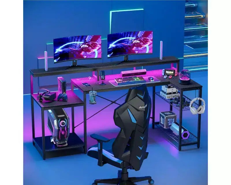 Bureau de gamer Bestier 71,5 pouces avec prise de courant, bureau d'ordinateur en L avec support d'écran, table de gamer d'angle avec étagère réglable et crochet pour casque