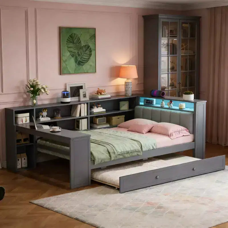 Lit plateforme double en bois Luxystar avec tête de lit capitonnée, 8 étagères de rangement, lit gigogne et bureau