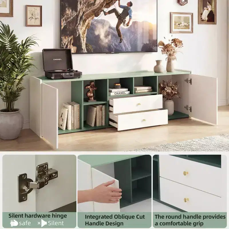 Meuble TV moderne Gaoyangjiaju 78,7 pouces, bloc de couleurs, pour téléviseur de 85 pouces, console média avec tiroirs et armoire de rangement pour salon, vert et blanc