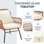 Ensemble de bistro 3 pièces pour terrasse, salon de jardin en rotin tressé avec table en verre et 2 fauteuils larges, coussins d'assise