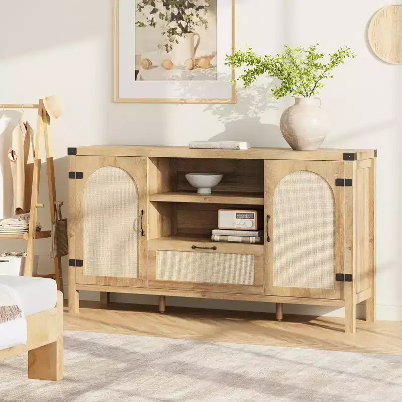 Meuble buffet en rotin de 47,2'' avec rangement, buffet de cuisine/bar à café avec portes et tiroir, buffet de style bohème/ferme