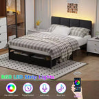 Cadre de lit double rembourré avec lumières LED, station de recharge, 2 tiroirs de rangement, plateforme de lit, pas besoin de sommier tapissier, meubles de chambre modernes.