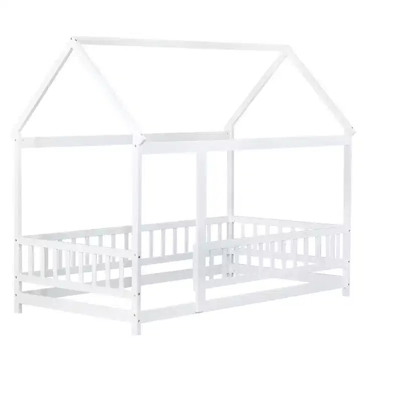 Lit au sol une place Luxystar de style cabane avec cadre de toit et clôture