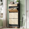 Meuble à chaussures GustoWave avec 3 portes basculantes et 1 tiroir, Étagère à chaussures en bois avec pieds en fer, Meuble de rangement à chaussures étroit, Organisateur de chaussures moderne avec cannelures