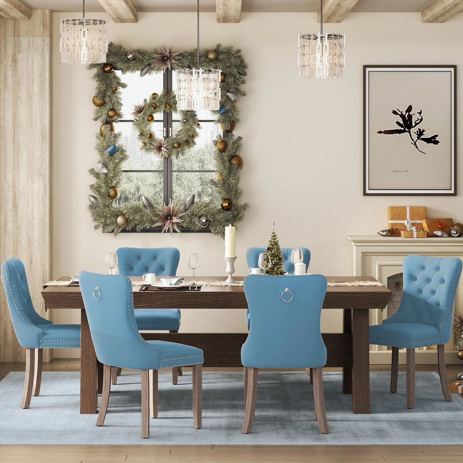 Chaise de salle à manger capitonnée en velours avec pieds en bois massif, lot de 6