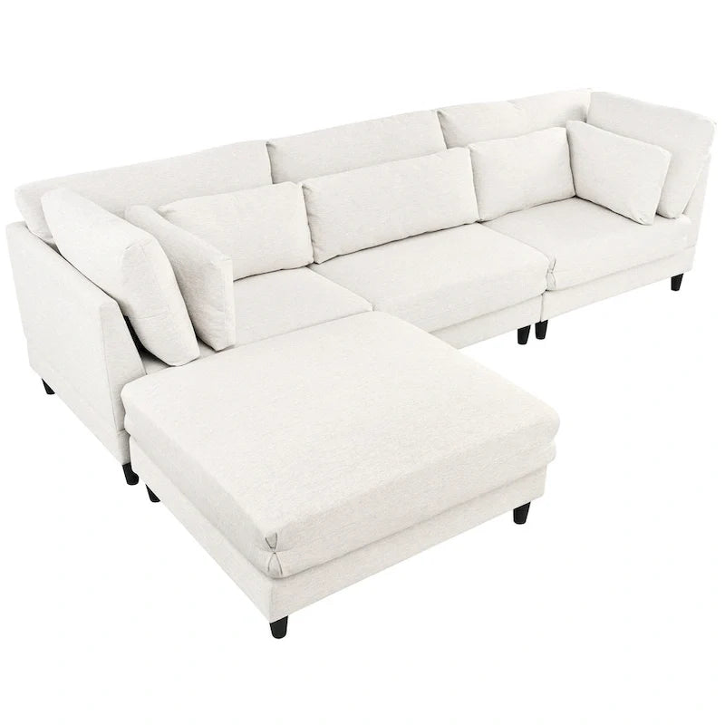 Canapé d'angle modulable contemporain avec pouf mobile et 5 coussins