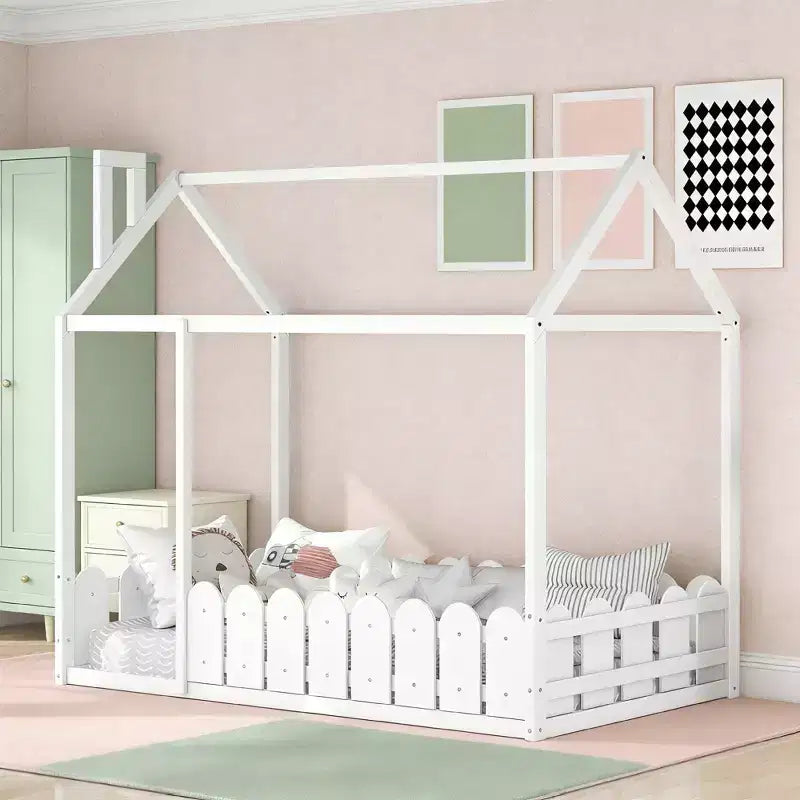 Lit cabane en bois avec barrière de sécurité pour enfants et adolescents, blanc