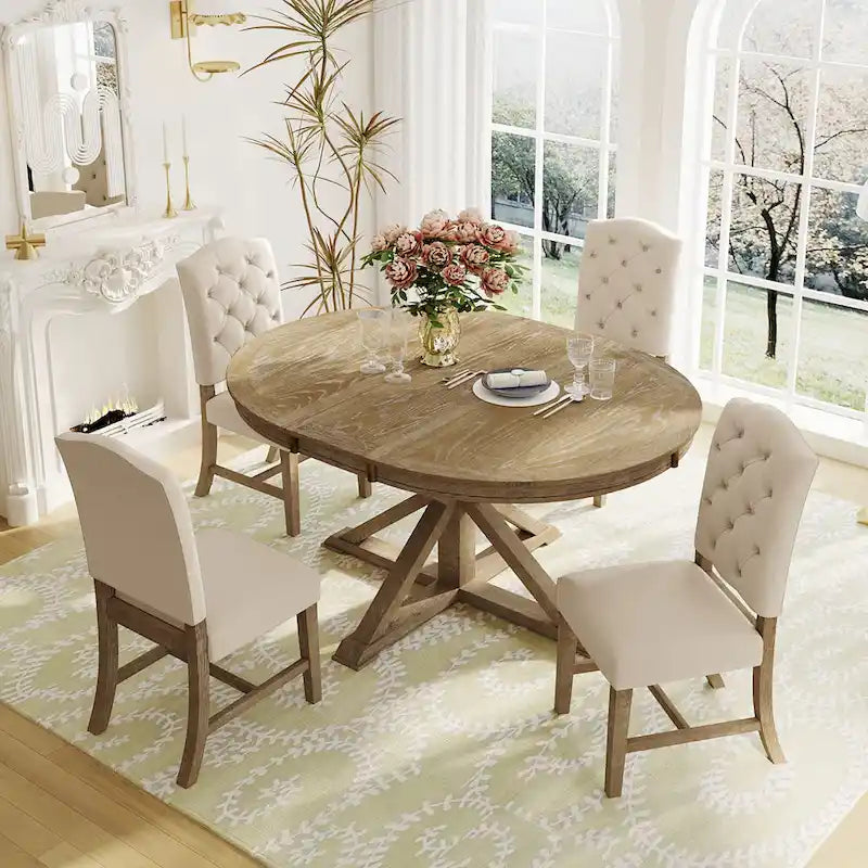 Ensemble de salle à manger 5 pièces en bois de style rétro avec table ronde extensible et 4 chaises, finition bois naturel vieilli