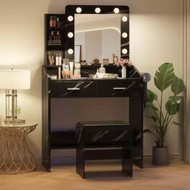 Coiffeuse de Maquillage avec Lumières, Bureau de Maquillage avec Miroir et Lumières, Grand Tiroir et Armoire de Rangement à Deux Étages, 3 Modes d'Éclairage