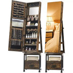 Miroir Psyché à Bijoux 360°, Meuble de Rangement à Bijoux Verrouillable sur Pied avec Miroir, Tiroirs et Roulettes, Armoire à Bijoux avec Support de Maquillage Pliable