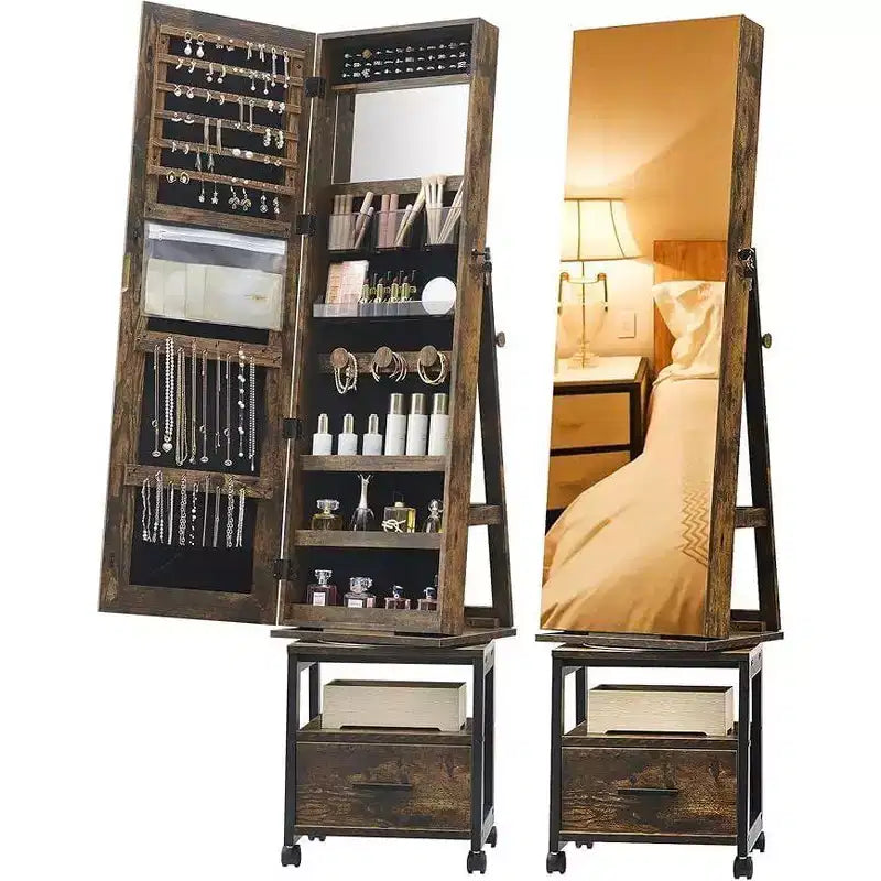 Miroir Psyché à Bijoux 360°, Meuble de Rangement à Bijoux Verrouillable sur Pied avec Miroir, Tiroirs et Roulettes, Armoire à Bijoux avec Support de Maquillage Pliable