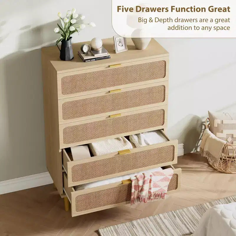 Commode à 5 tiroirs en rotin GustoWave pour chambre à coucher, commode haute avec tiroirs profonds, grande commode pour placard avec plateau large, longue commode en bois