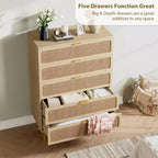 Commode à 5 tiroirs en rotin GustoWave pour chambre à coucher, commode haute avec tiroirs profonds, grande commode pour placard avec plateau large, longue commode en bois