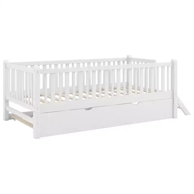 Cadre de lit double avec lit gigogne et garde-corps, lit plateforme bas avec escalier pour garçons et filles
