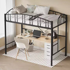 Lit mezzanine double moderne en métal, peu encombrant, usage intensif, garde-corps arqué, échelle de sécurité, sommier tapissier non requis – Noir mat ou gris