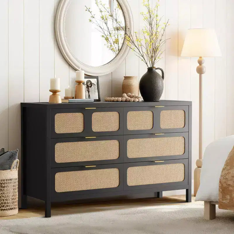 Commode à 6 tiroirs en rotin, poignées en métal, pieds en bois, style bohème et ferme, rangement chêne pour chambre, salon, couloir, entrée