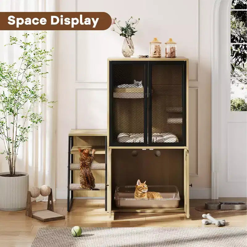 Meuble de litière pour chat GustomWave, armoire double cachée 2 en 1 avec bac à litière fermé et échelle, meuble pour chat en bois