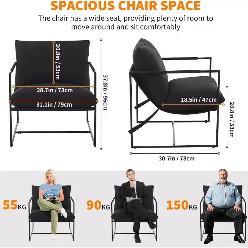 Fauteuil d'appoint suspendu pour salon, fauteuil douillet moderne à cadre métallique, chaises rembourrées avec coussin en mousse déchiquetée, chaise longue